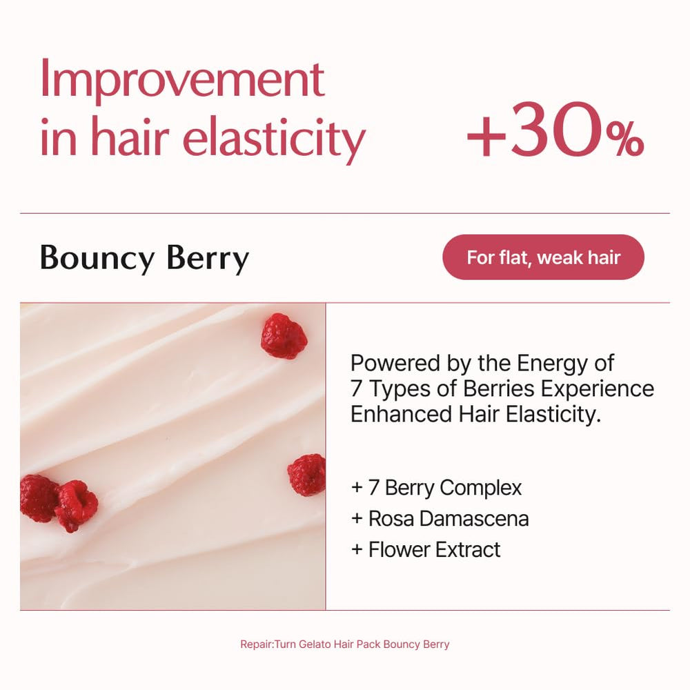 lilyeve REPAIRTURN Gelato Hair Pack Bouncy Berry and Silky Banana options offer nourishment.