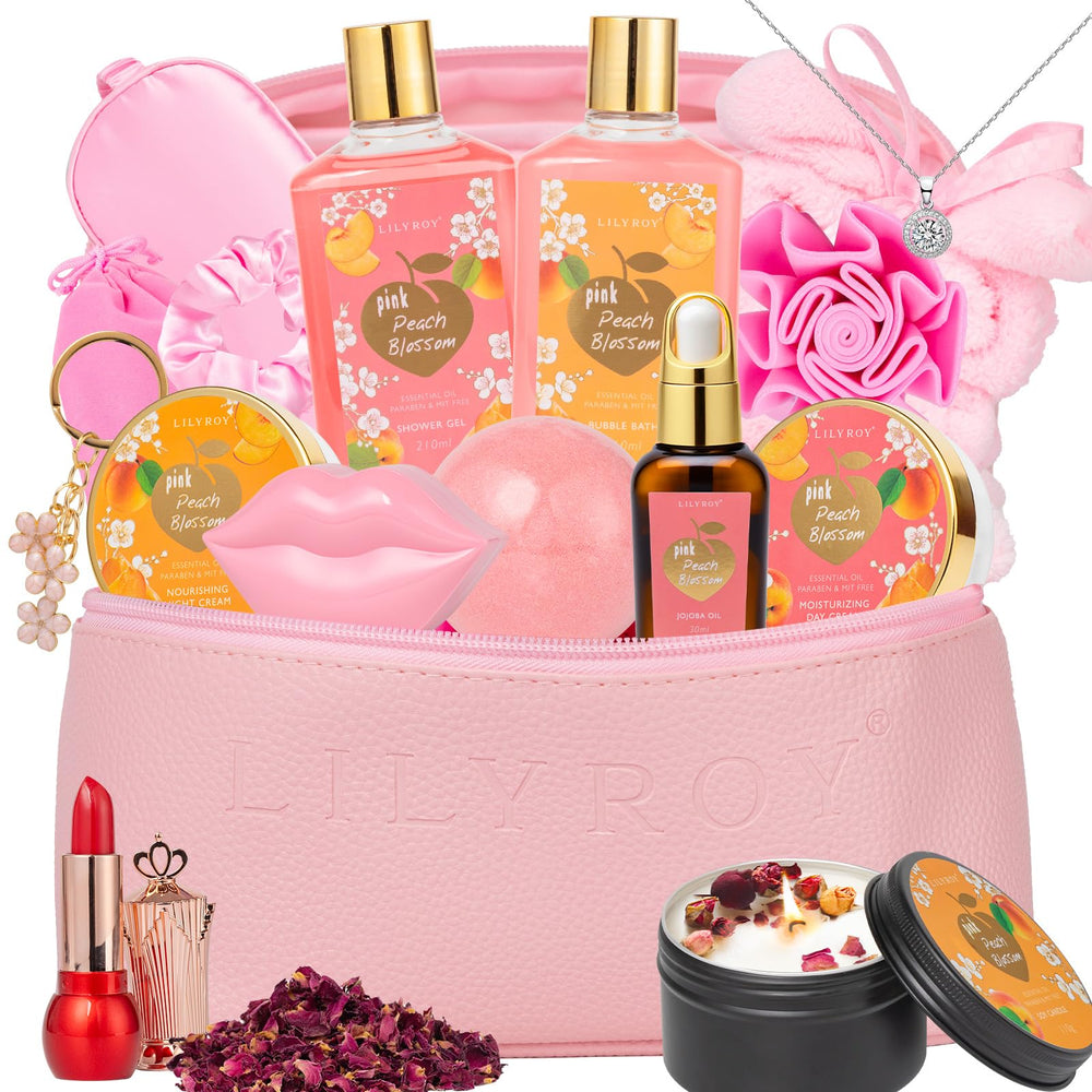 LILY ROY 20-piece spa gift basket shows comprehensive at-home pampering options.