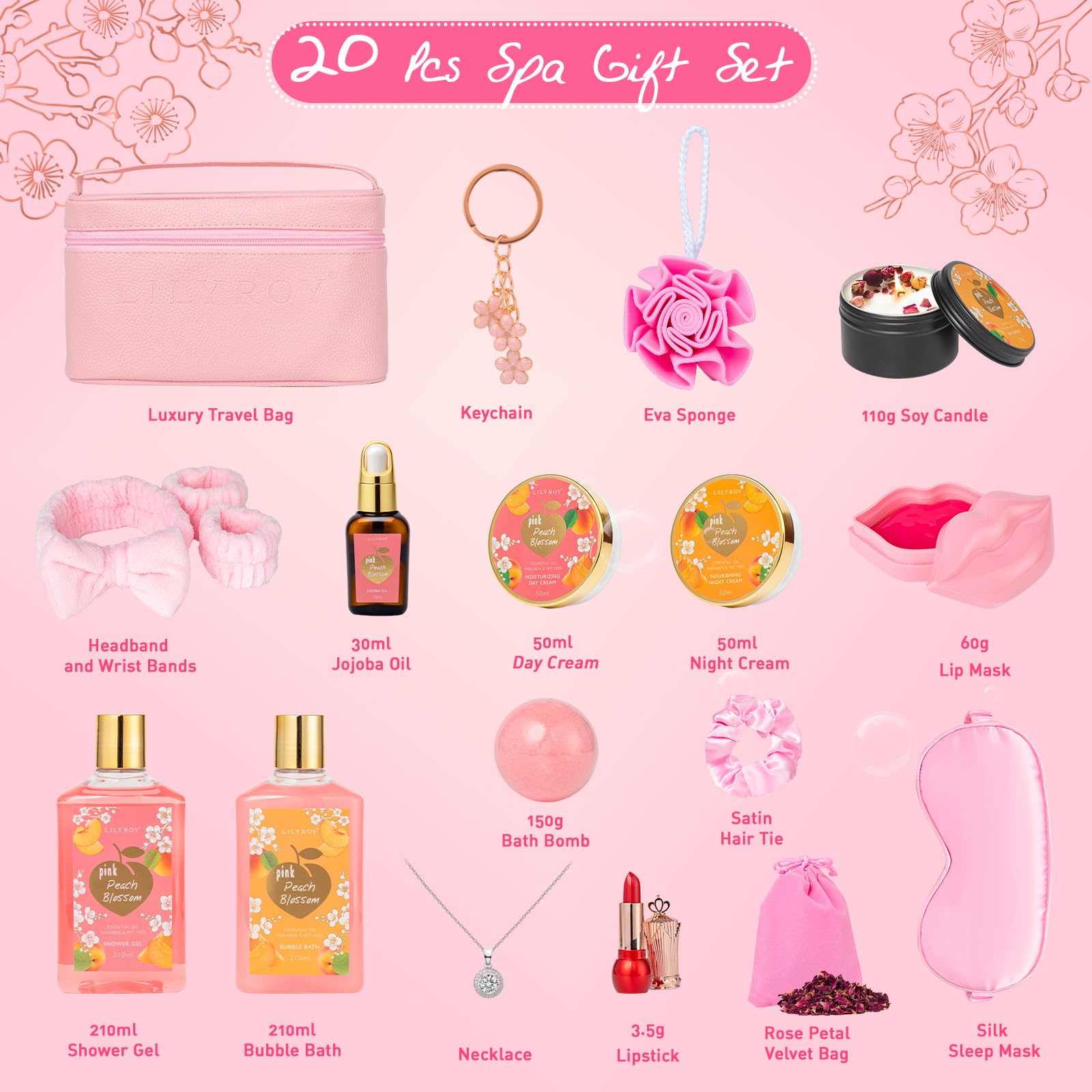 LILY ROY peach-fragrance bath and body set offers a refreshing shower experience and relaxing scent.