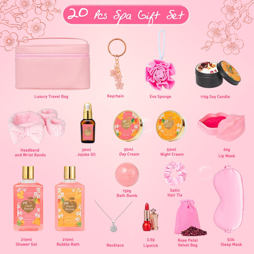 LILY ROY peach-fragrance bath and body set offers a refreshing shower experience and relaxing scent.