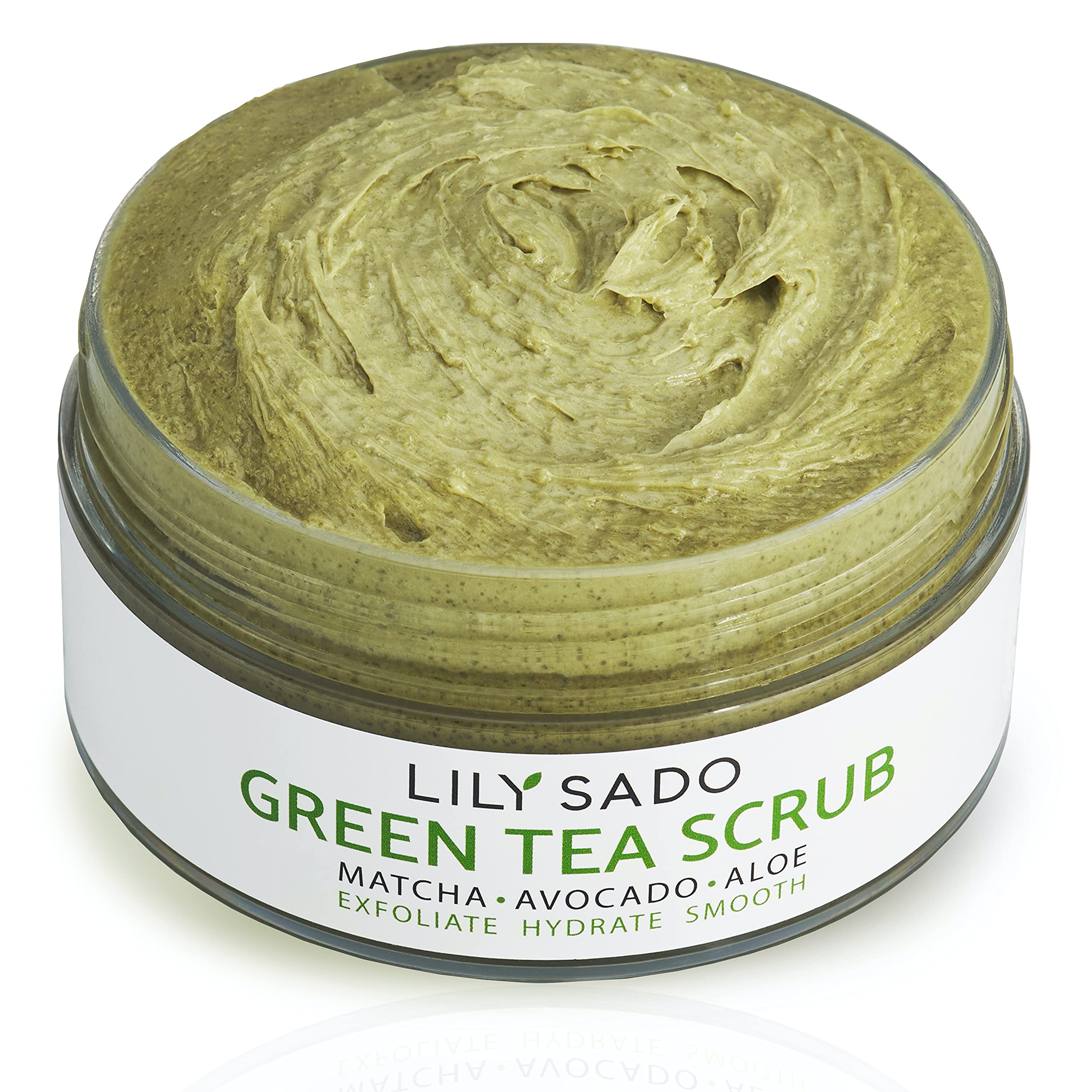 LILY SADO Matcha Made in Heaven bottle close-up shows creamy exfoliant for radiant skin.