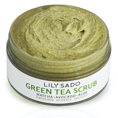 LILY SADO Matcha Made in Heaven bottle close-up shows creamy exfoliant for radiant skin.