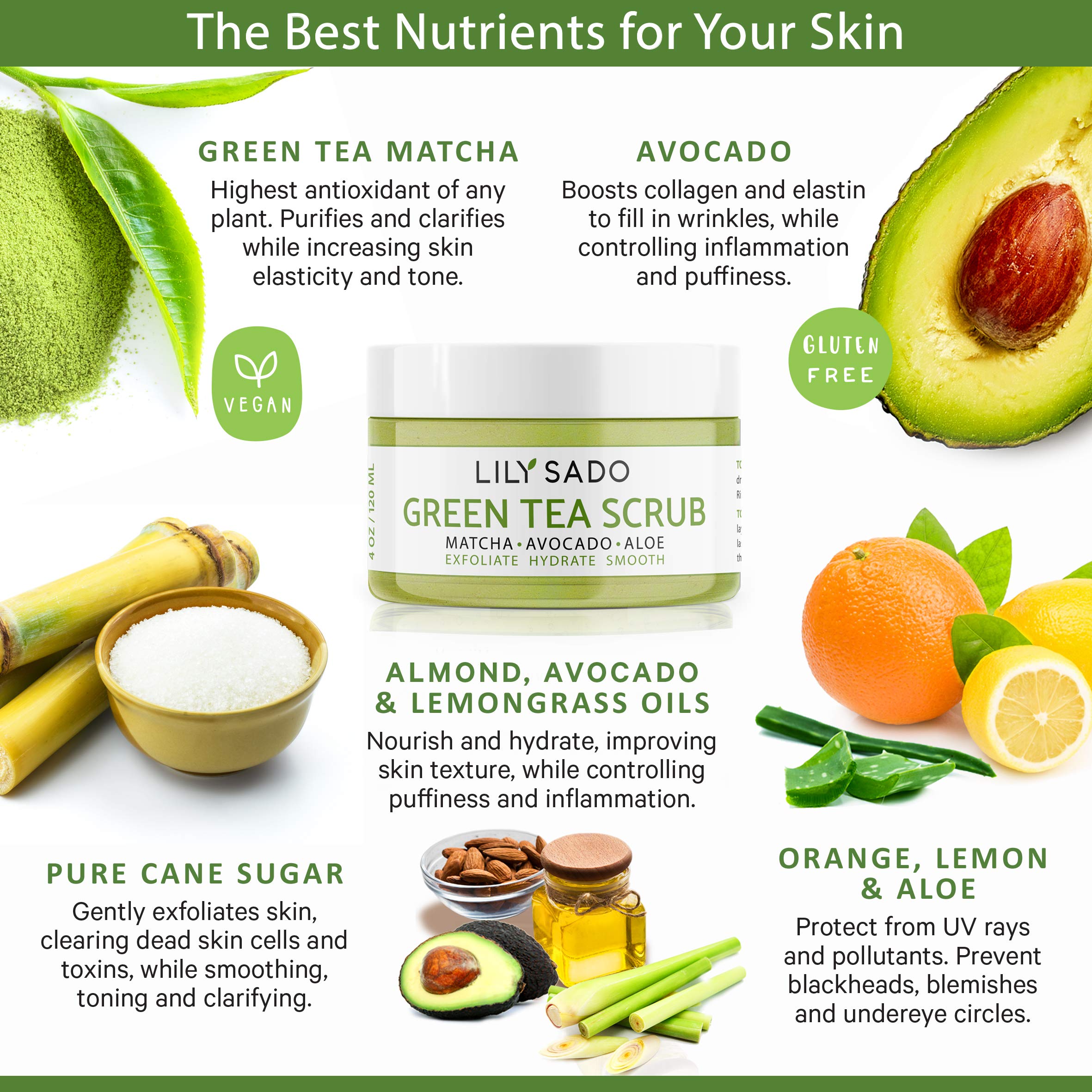 LILY SADO Matcha Made in Heaven sugar crystal texture for gentle exfoliation.