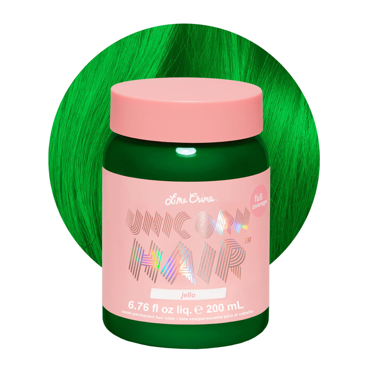 Lime Crime Unicorn Hair Dye Jello tropical green bottle pour showcases bold at-home color payoff.