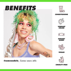 Lime Crime Unicorn Hair Dye Jello tropical green color swatch highlights vivid shade.