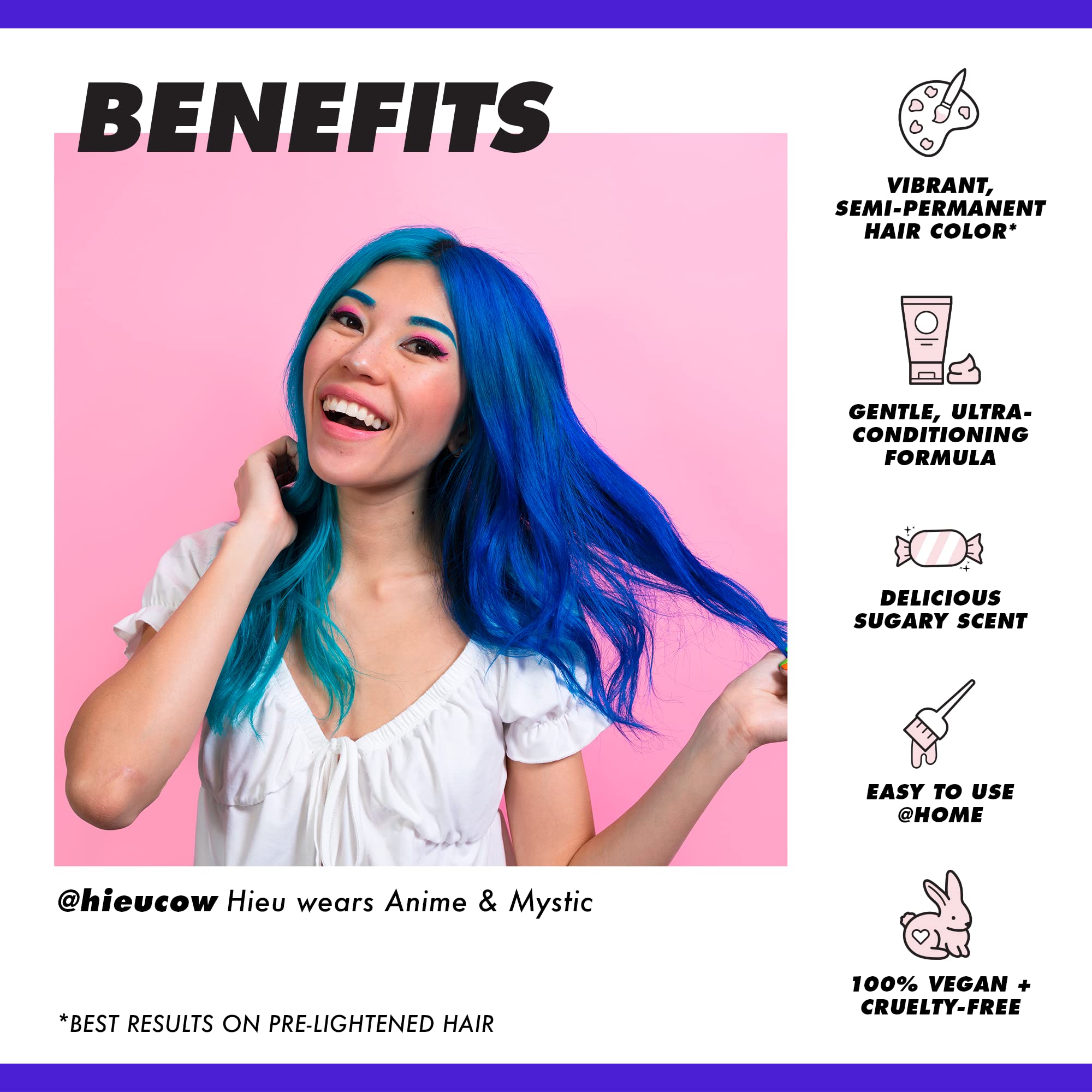 Lime Crime Unicorn Hair Dye Mystic color swatch on hair previews long-lasting electric blue.