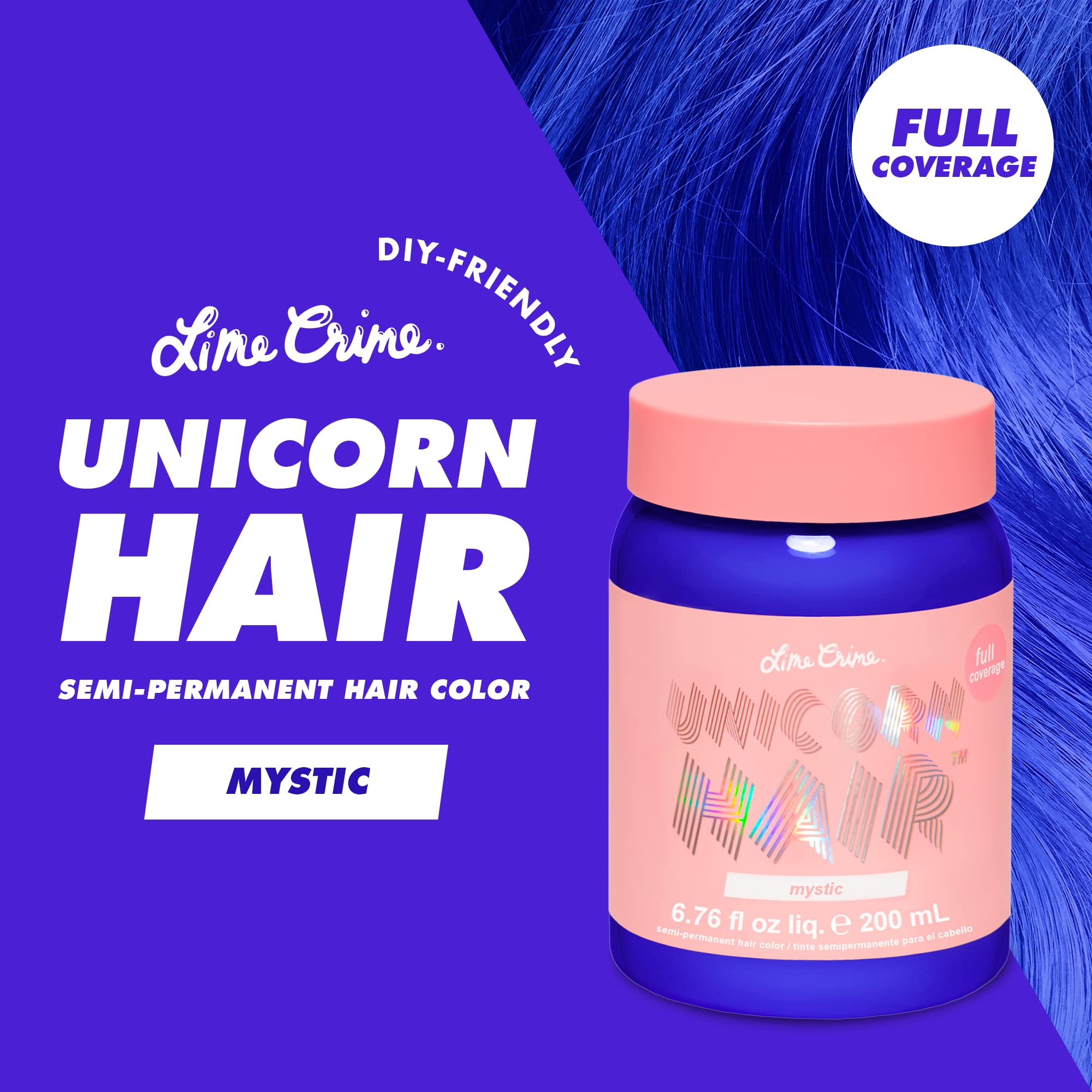 Lime Crime Unicorn Hair Dye Mystic close-up on hair strands shows saturated pigment.