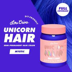 Lime Crime Unicorn Hair Dye Mystic close-up on hair strands shows saturated pigment.