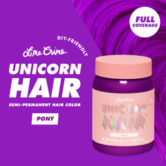 Lime Crime Unicorn Hair Dye Pony violet purple packaging highlights vegan and damage-free formula