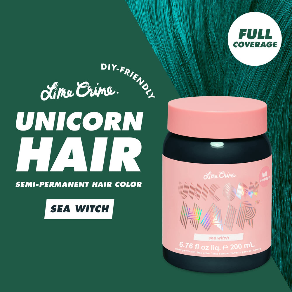 Lime Crime Unicorn Hair Dye Sea Witch in application for bold teal color.