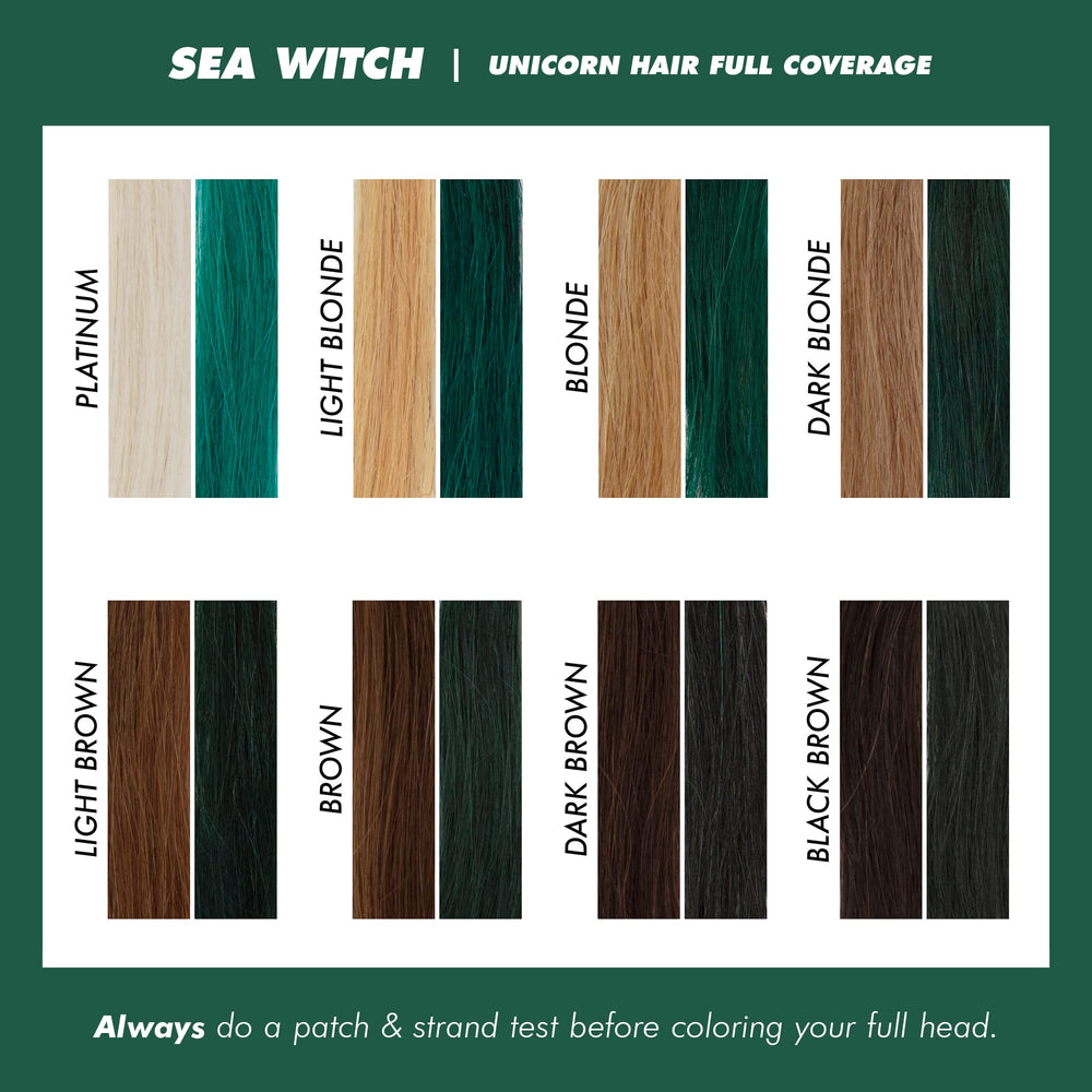 Lime Crime Sea Witch on long hair demonstrates full-coverage teal color.