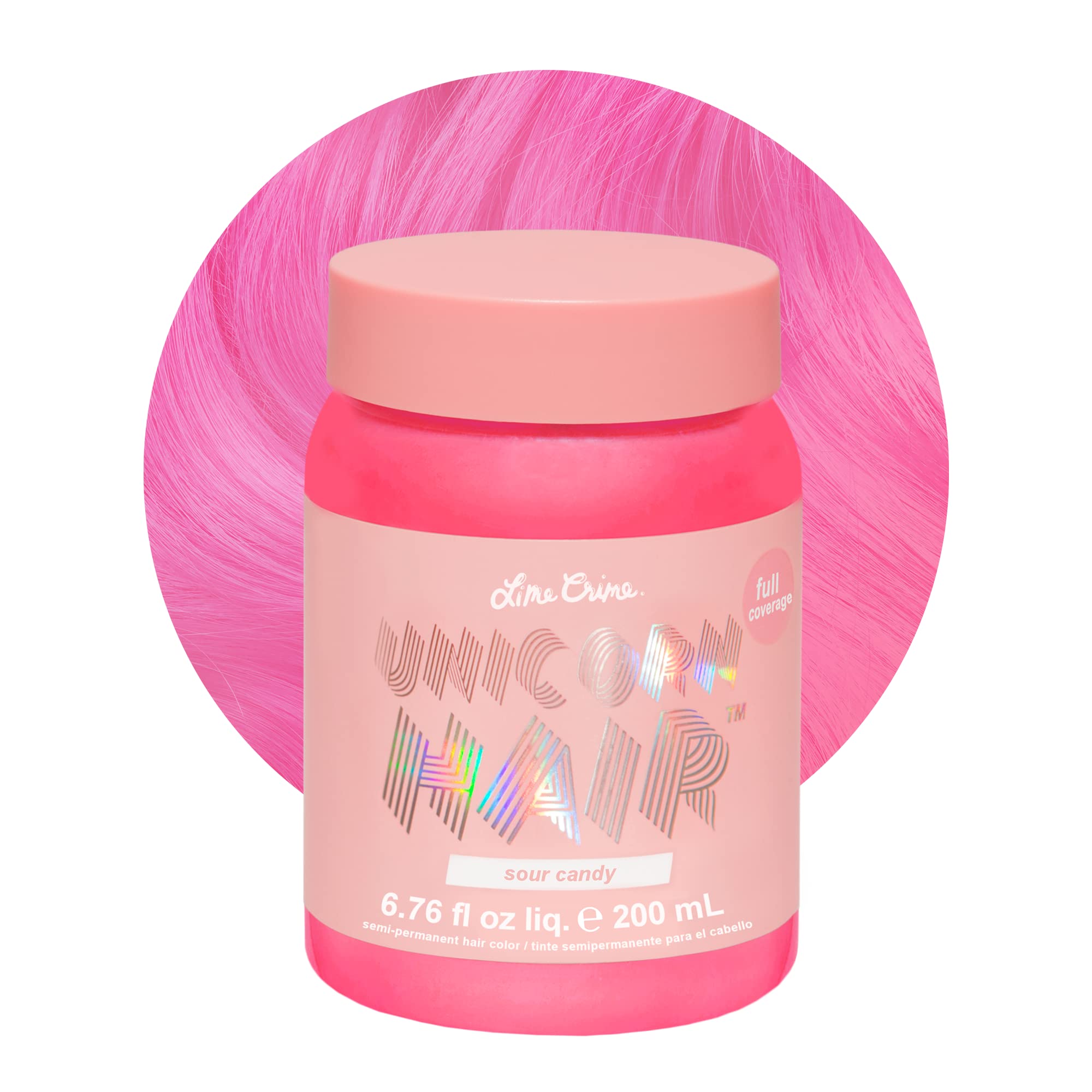 Lime Crime Unicorn Hair Dye Sour Candy bottle shows vibrant pink color for bold DIY color