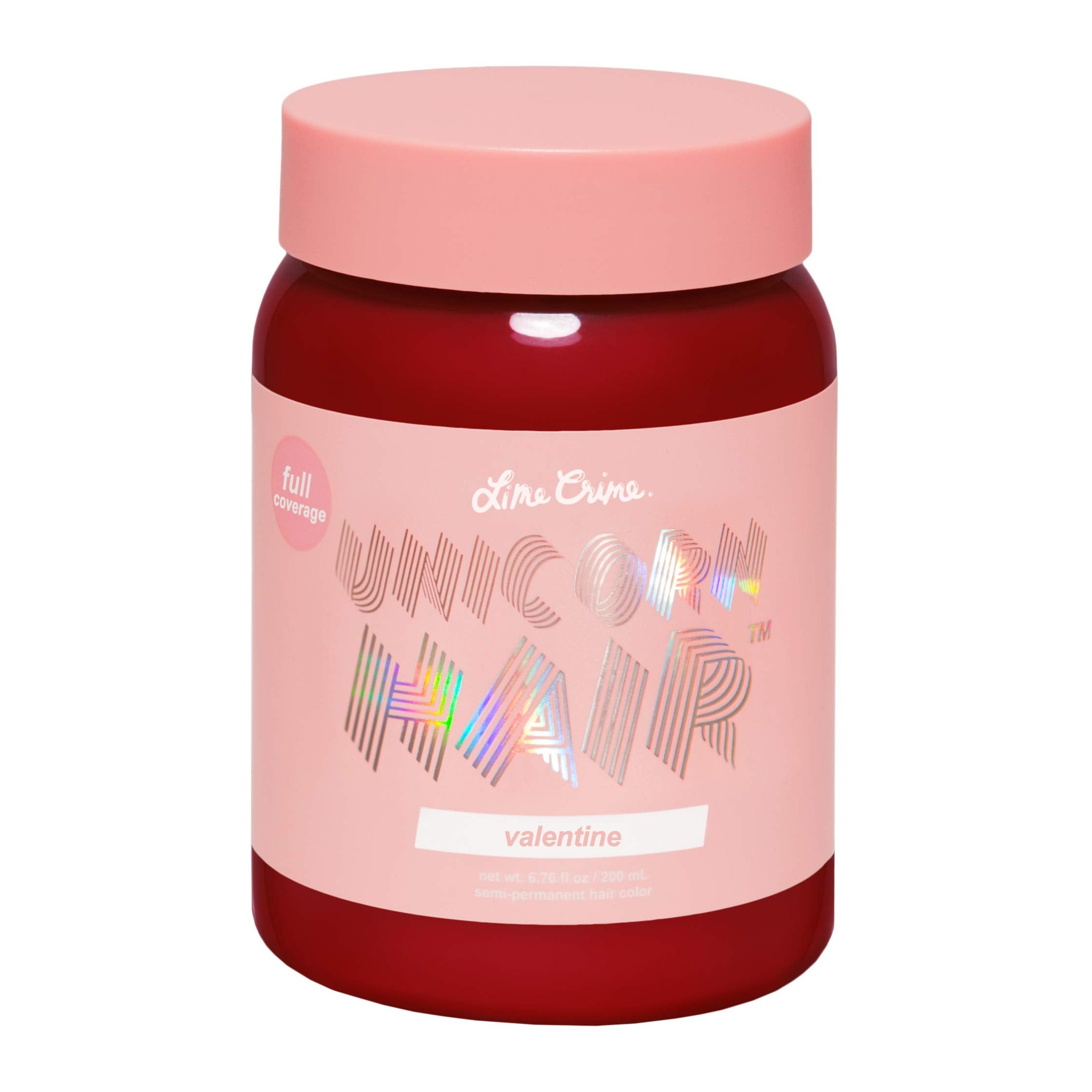 Lime Crime Unicorn Hair Dye Valentine bottle close-up shows vibrant crimson shade for bold looks.
