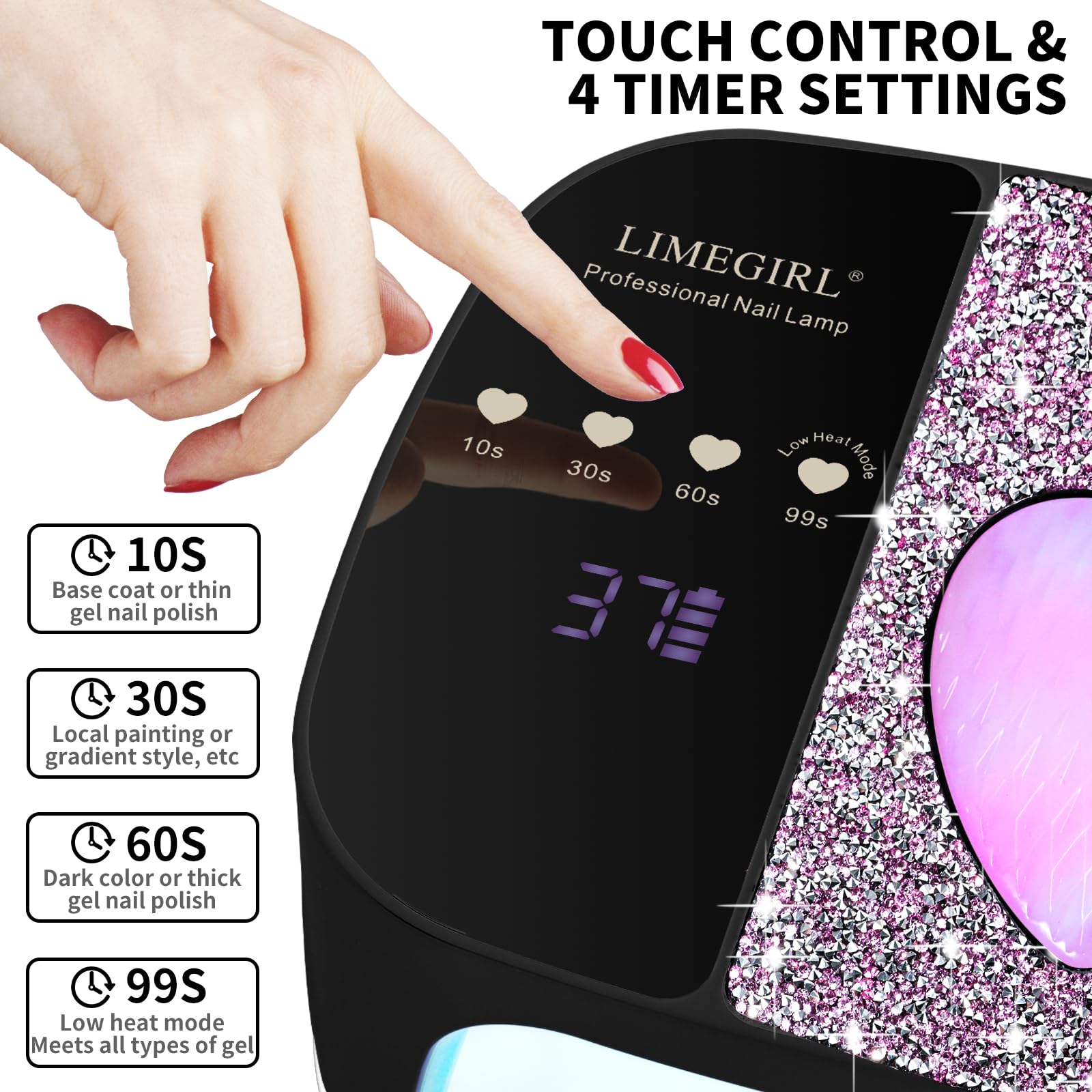 LimeGirl rhinestone cover and heart ambient light elevating manicure ambiance