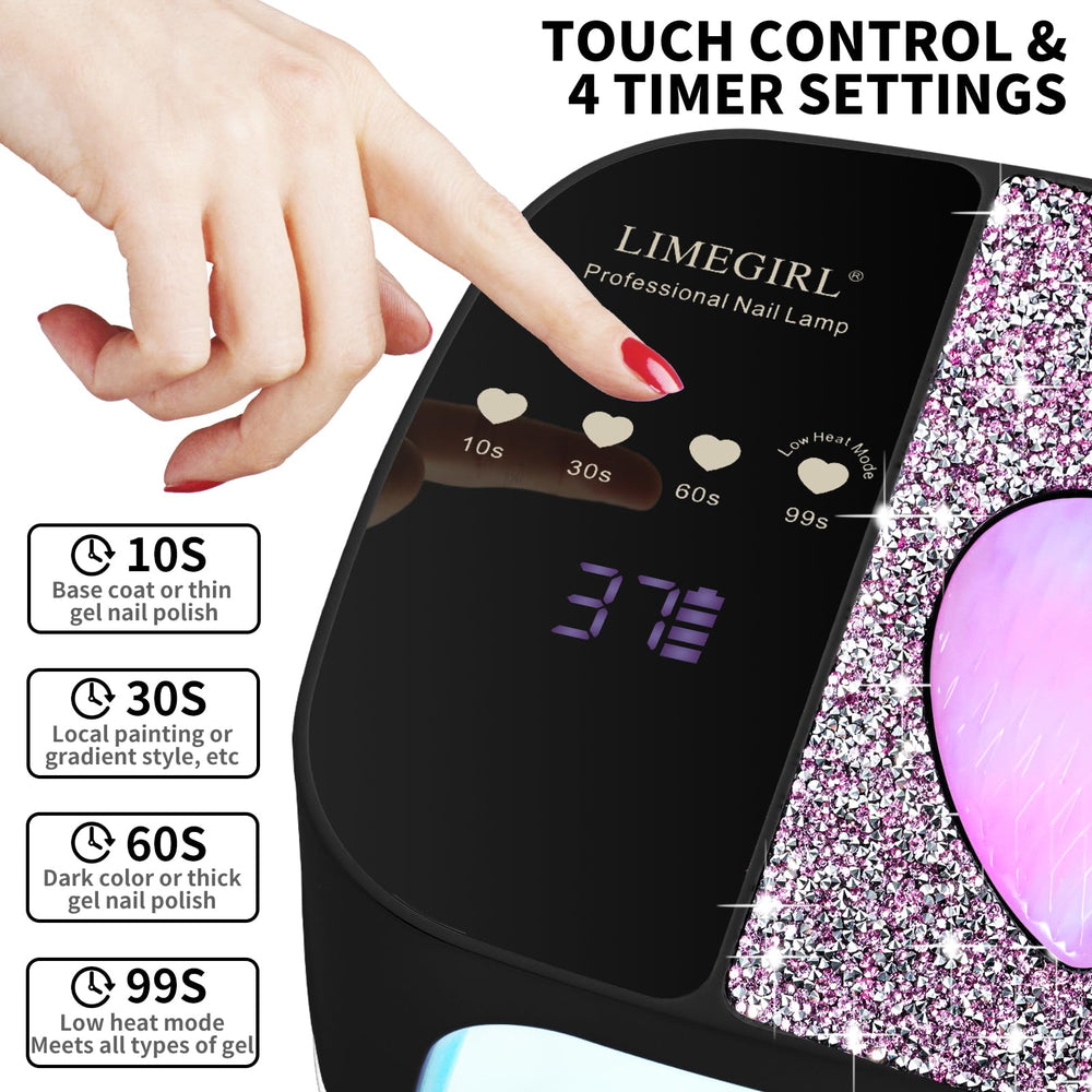 LimeGirl rhinestone cover and heart ambient light elevating manicure ambiance