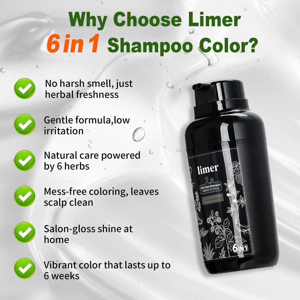 Limer Hair Dye Shampoo container back highlights herbal formula with six extracts for healthy-looking shine.