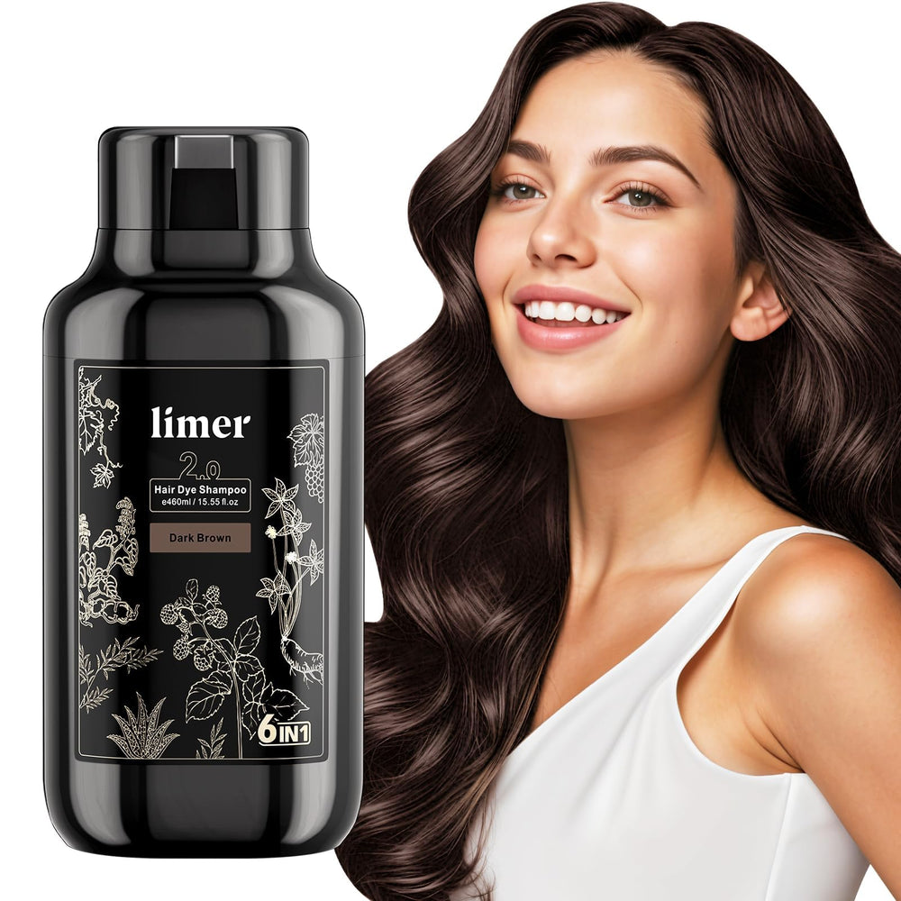Limer Hair Dye Shampoo bottle close-up shows dark brown color for natural gray coverage.