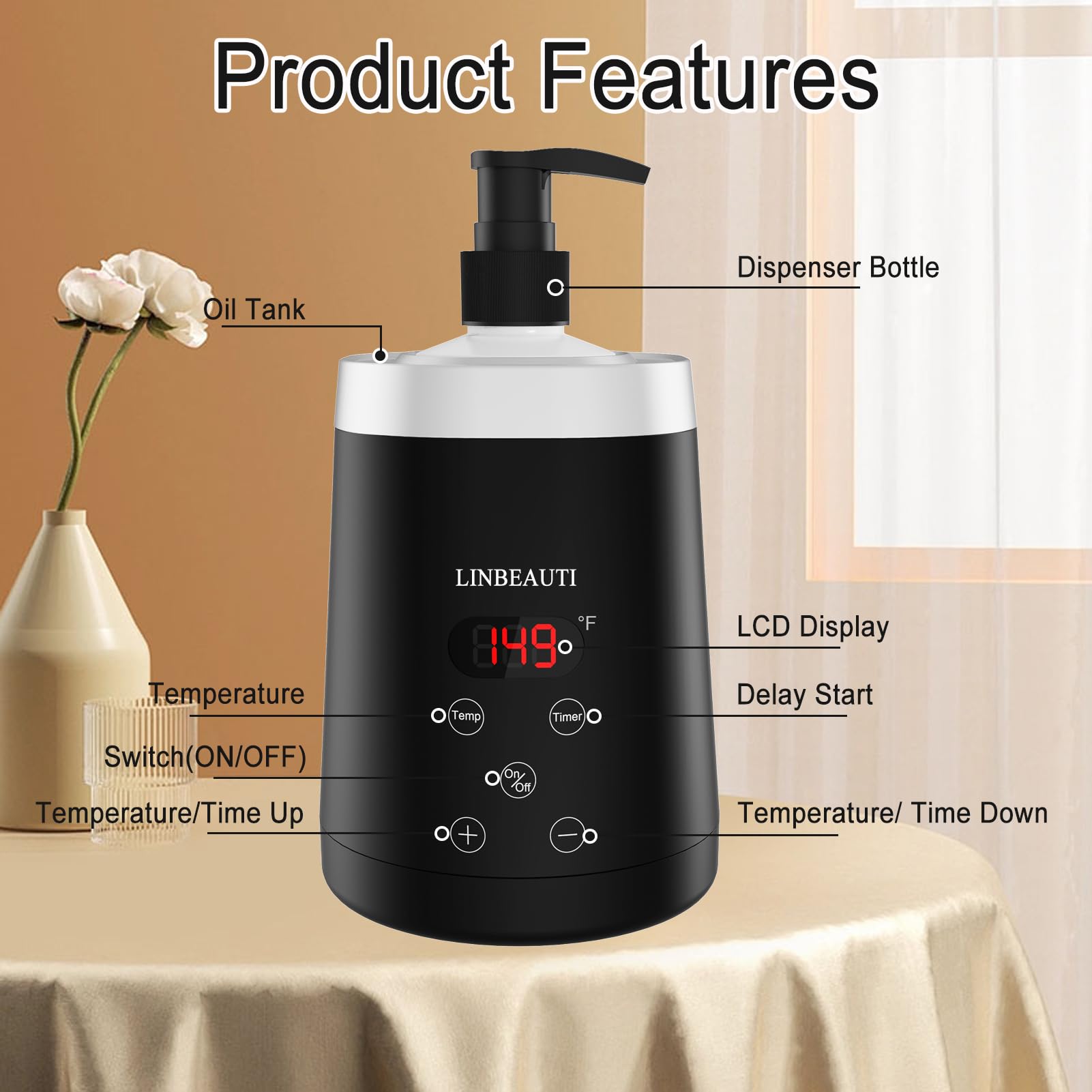 LINBEAUTI 360-degree heating feature showcases rapid warm-up for massage oils.