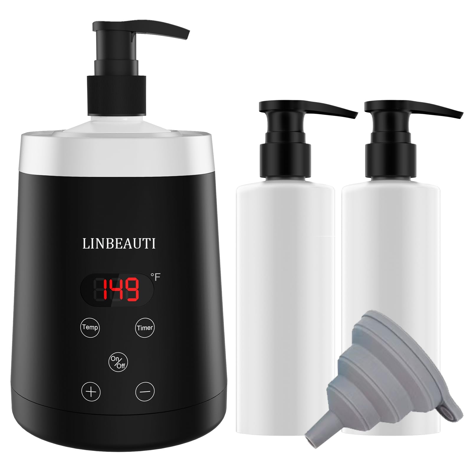 LINBEAUTI massage oil warmer bottle front shows stylish black design ideal for spa sessions.