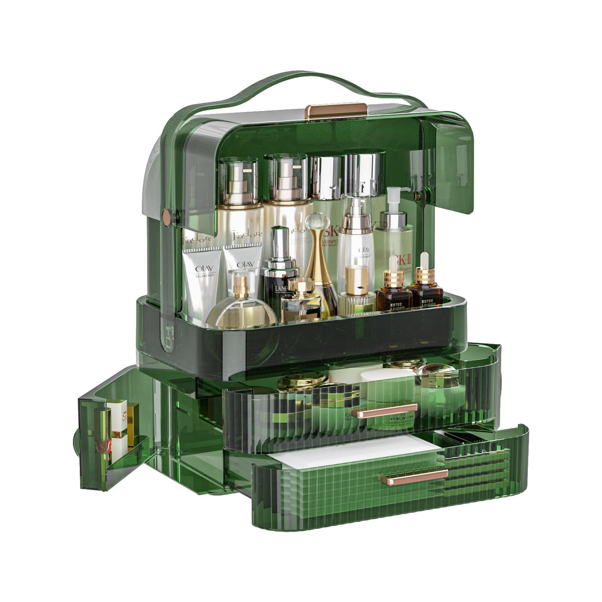 LINFIDITE cosmetics storage box with transparent lid for easy dust-free access.