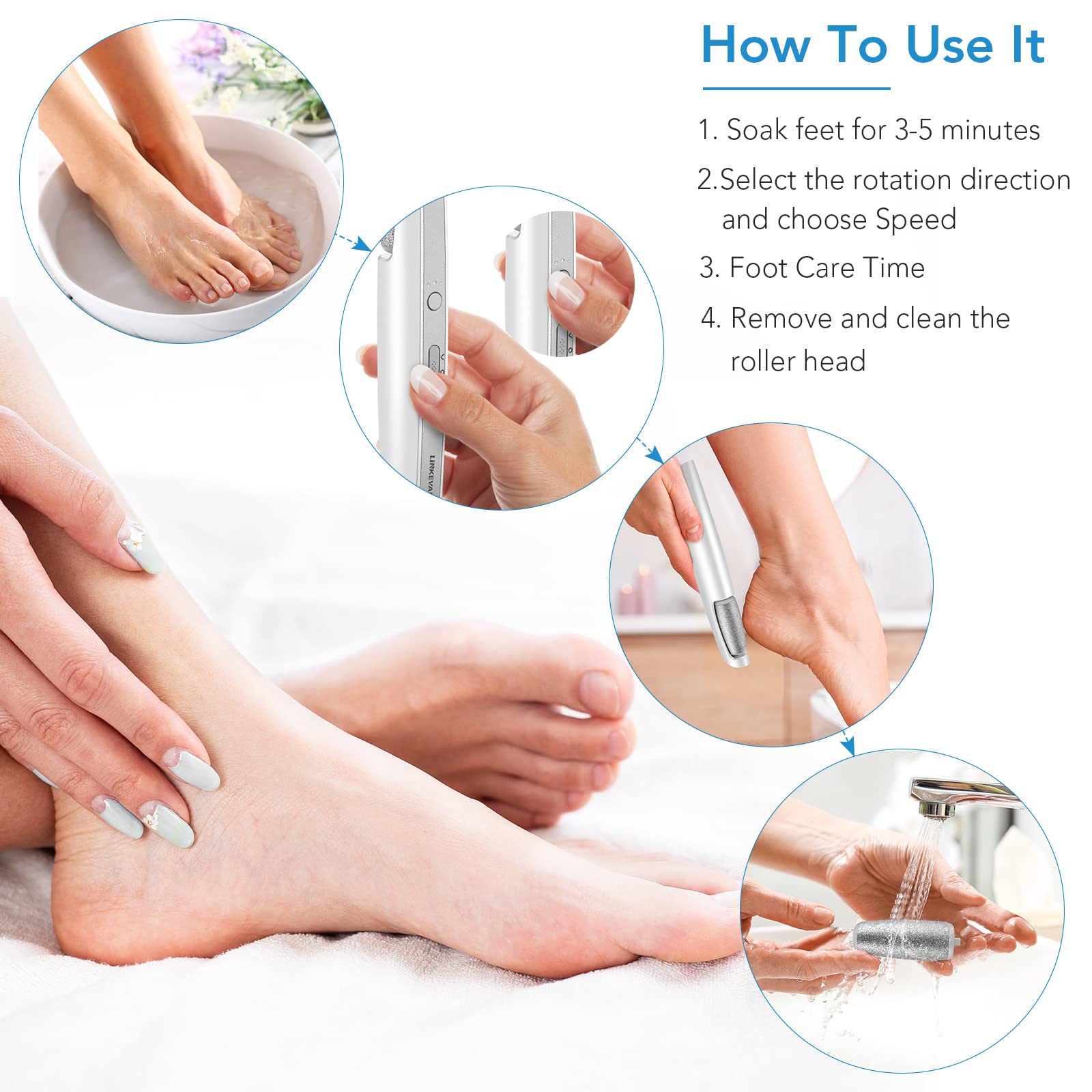 LINKEVAP ergonomic wand is shown in use for precise back-and-forth foot smoothing.