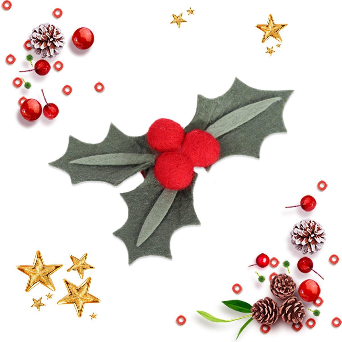 LINLULU Christmas Holly Hair Clip berry closeup highlights festive charm for girls and holiday photos.
