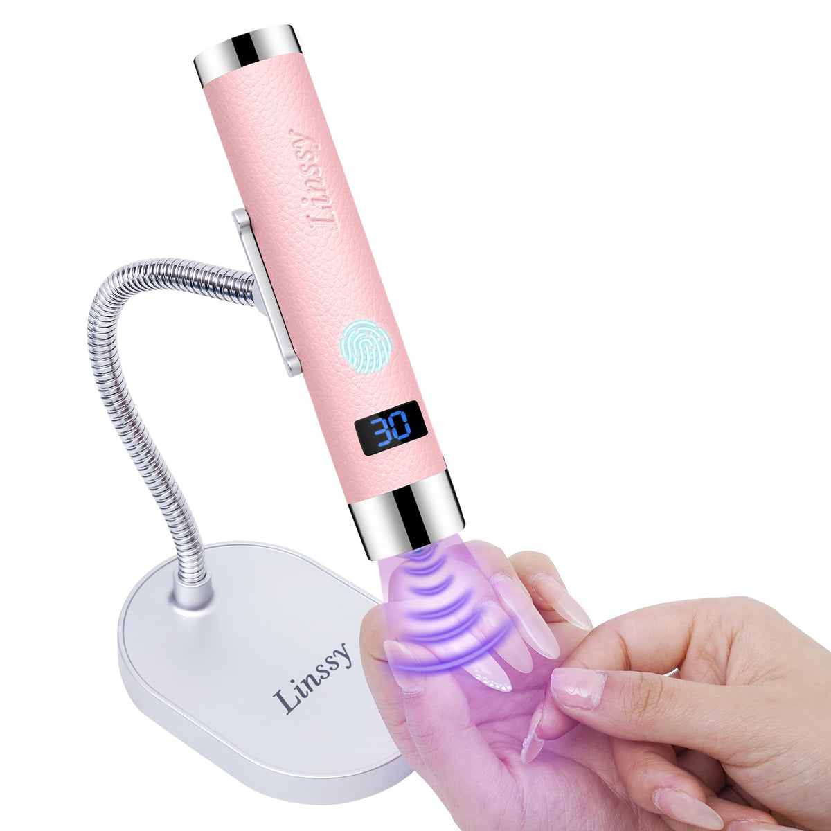 Linssy Mini UV Light front view shows a compact pink nail lamp for gel nails at home or studio.