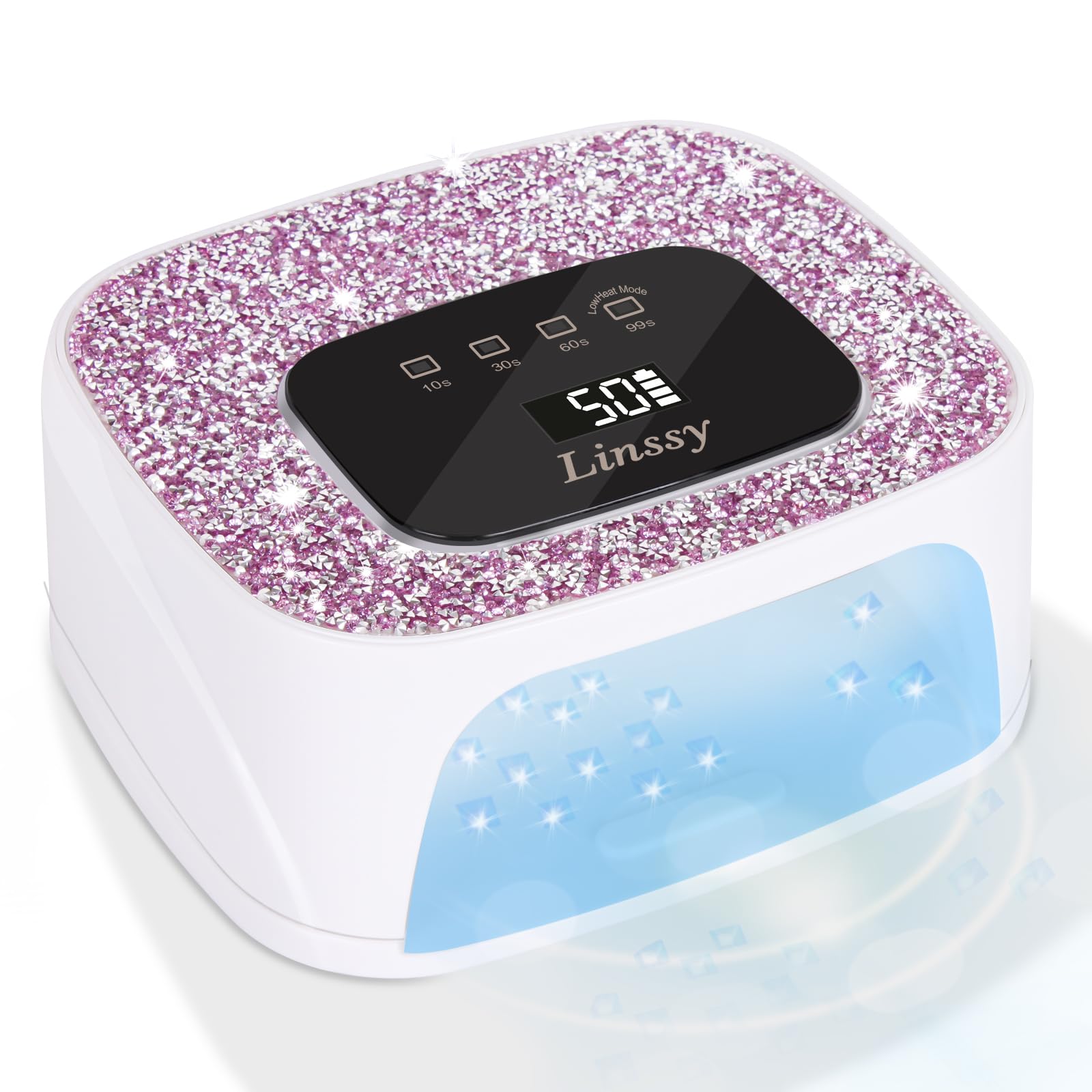 Linssy rechargeable nail lamp front view in white showing compact cordless design and glow