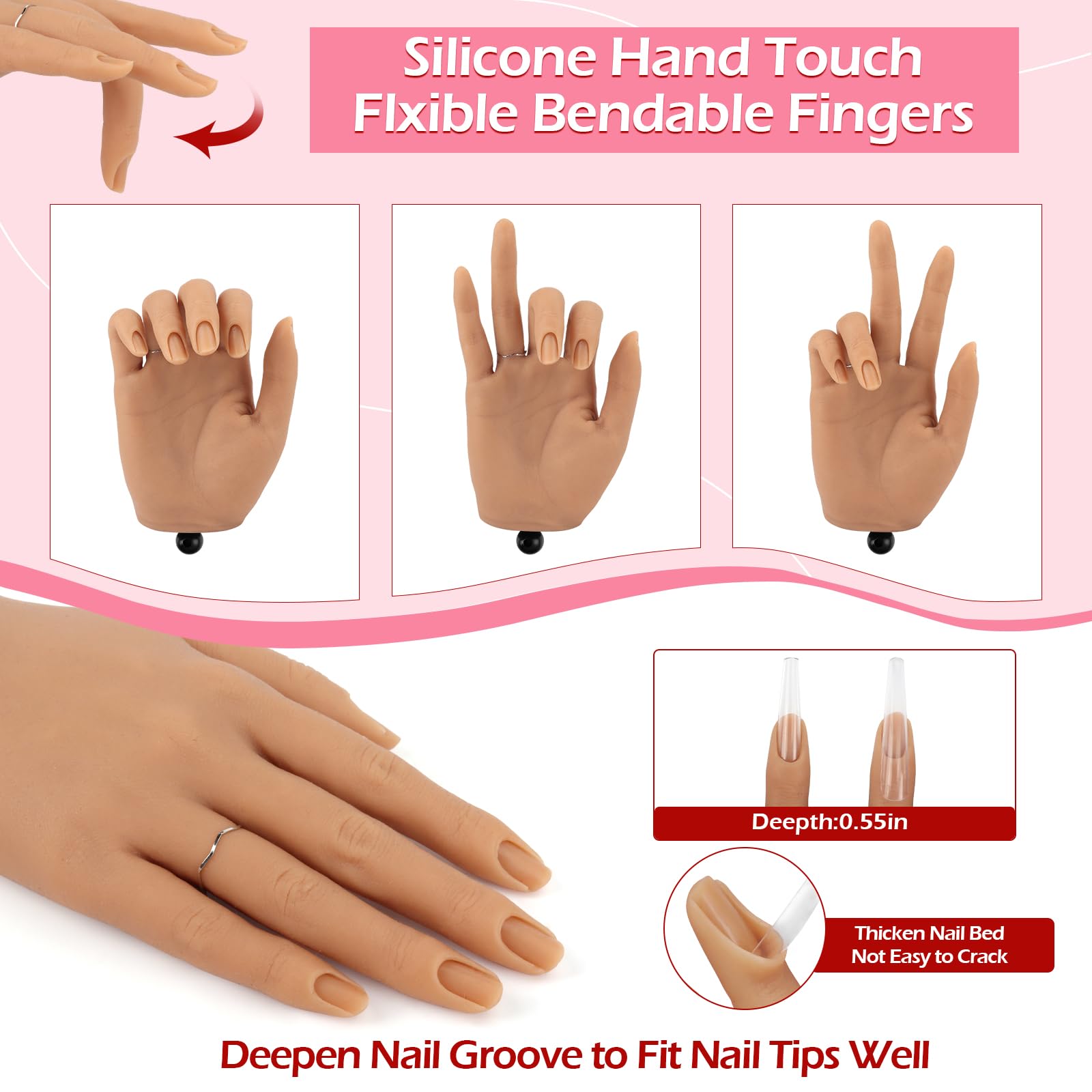 LIONVISON training hand's deep nail grooves help secure tips and reduce tip wobble.