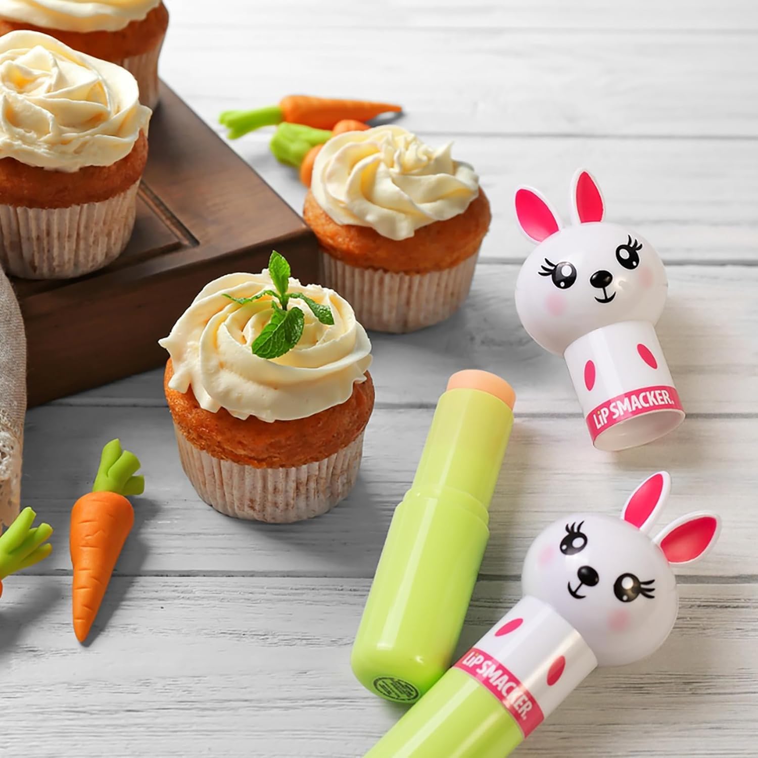 Close-up of Lip Smacker Bunny Hoppy Carrot Cake balm reveals dessert-inspired flavor vibe
