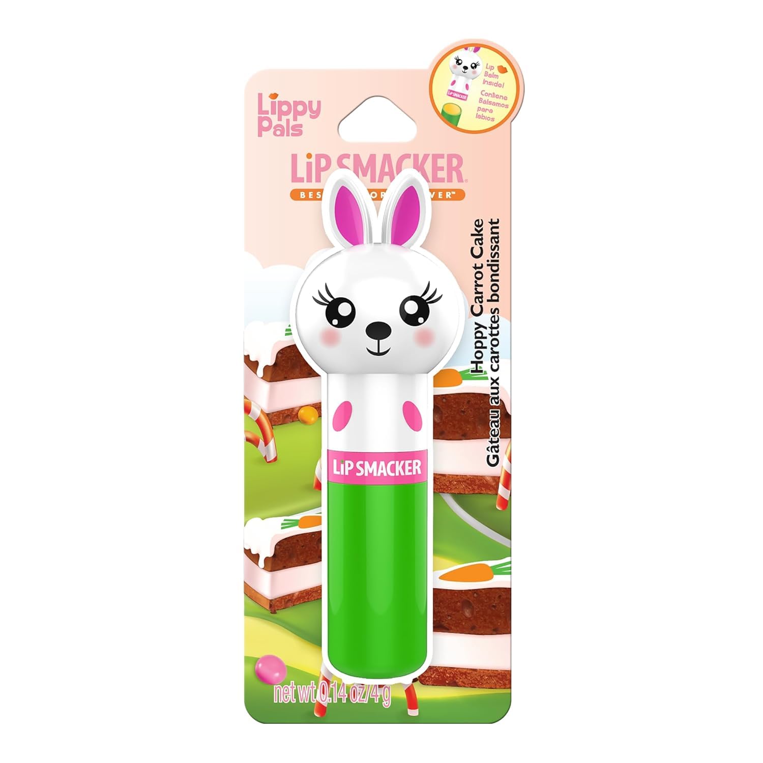 Lip Smacker Bunny Hoppy Carrot Cake lip balm packaging featuring a cute bunny for mood-boosting moisture