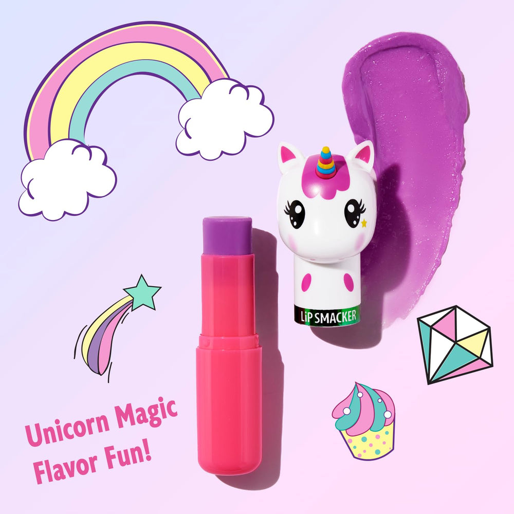 Lip Smacker Lippy Pals Unicorn balm application closeup shows glossy moisture.