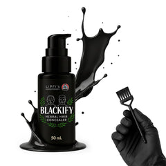 BLACKIFY bottle with precision brush shows natural coverage for thinning hair.