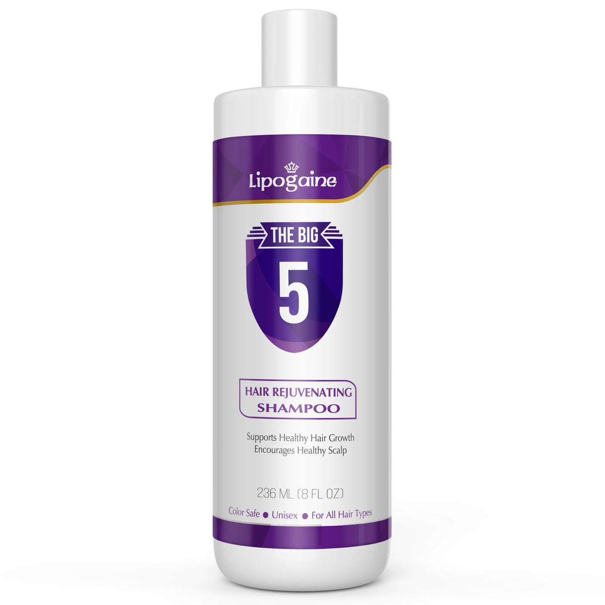 Lipogaine Big 5 Shampoo bottle highlights premium formula for thinning hair.