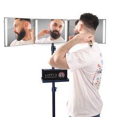 LIPFISBARBERSHOP.COM 360° mirror provides full-view precision for grooming.