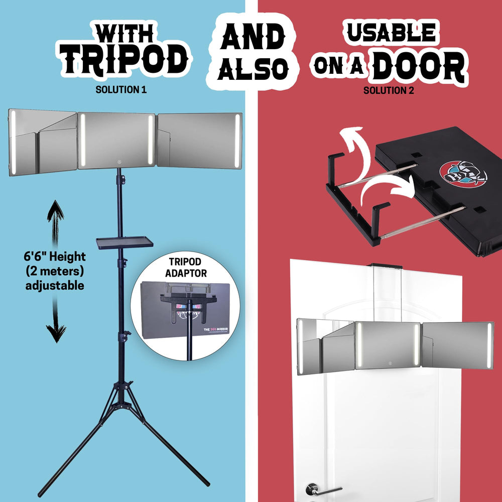 LIPFISBARBERSHOP.COM tripod with adapter enables stable, adjustable height during styling.