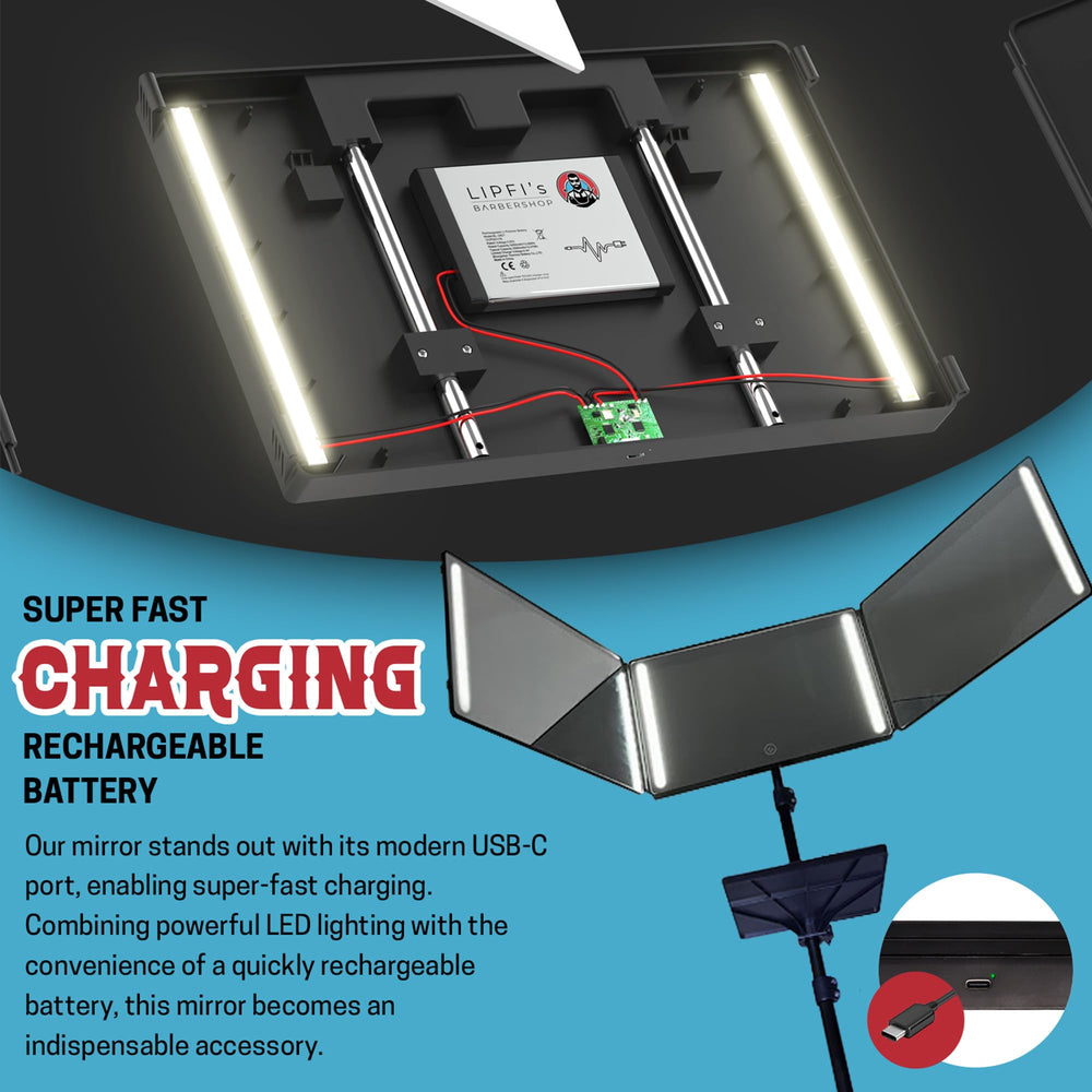 LIPFISBARBERSHOP.COM USB-C charging keeps the mirror powered on-the-go.