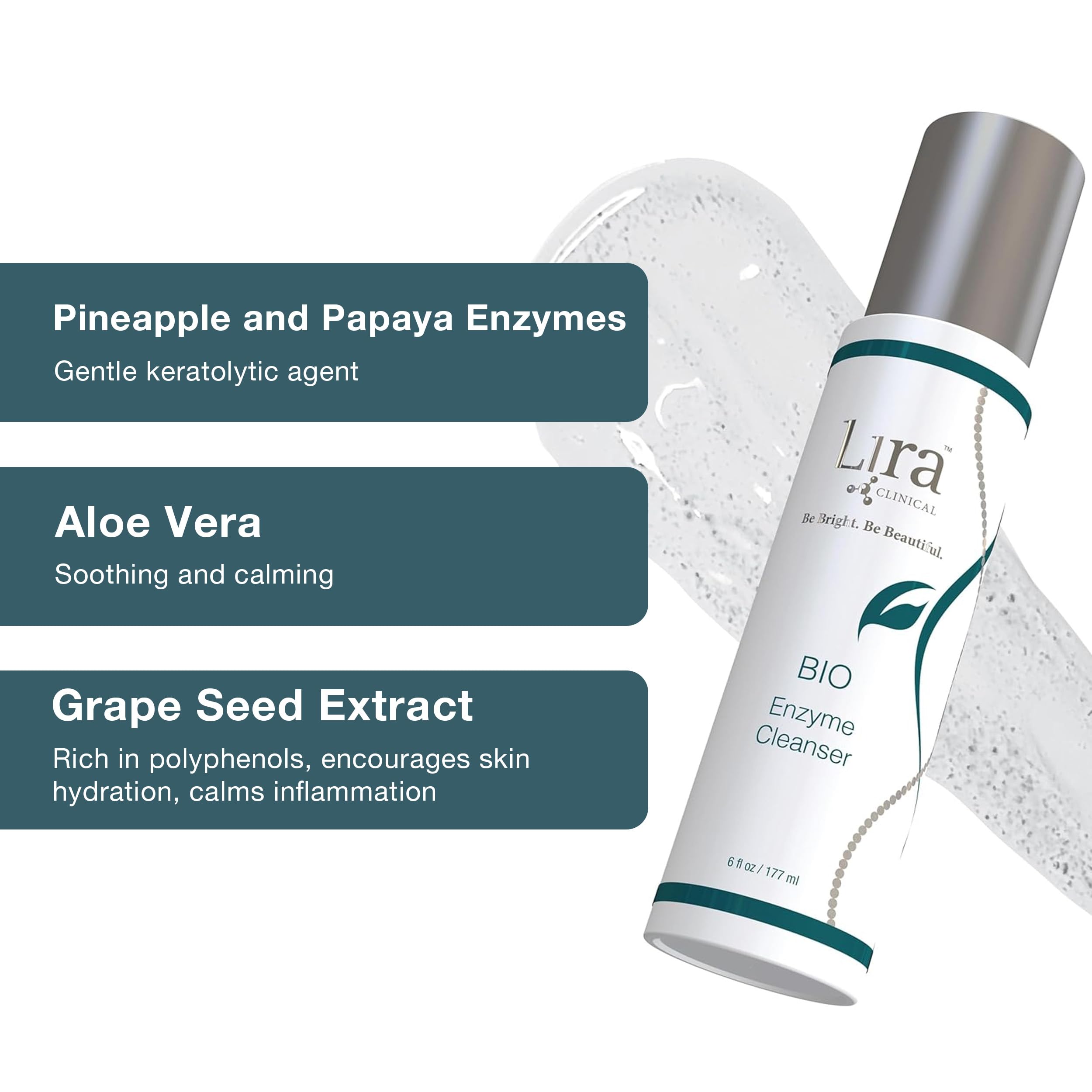 Lira Clinical BIO Enzyme Cleanser portrait evokes clearer, more balanced complexion with daily use.