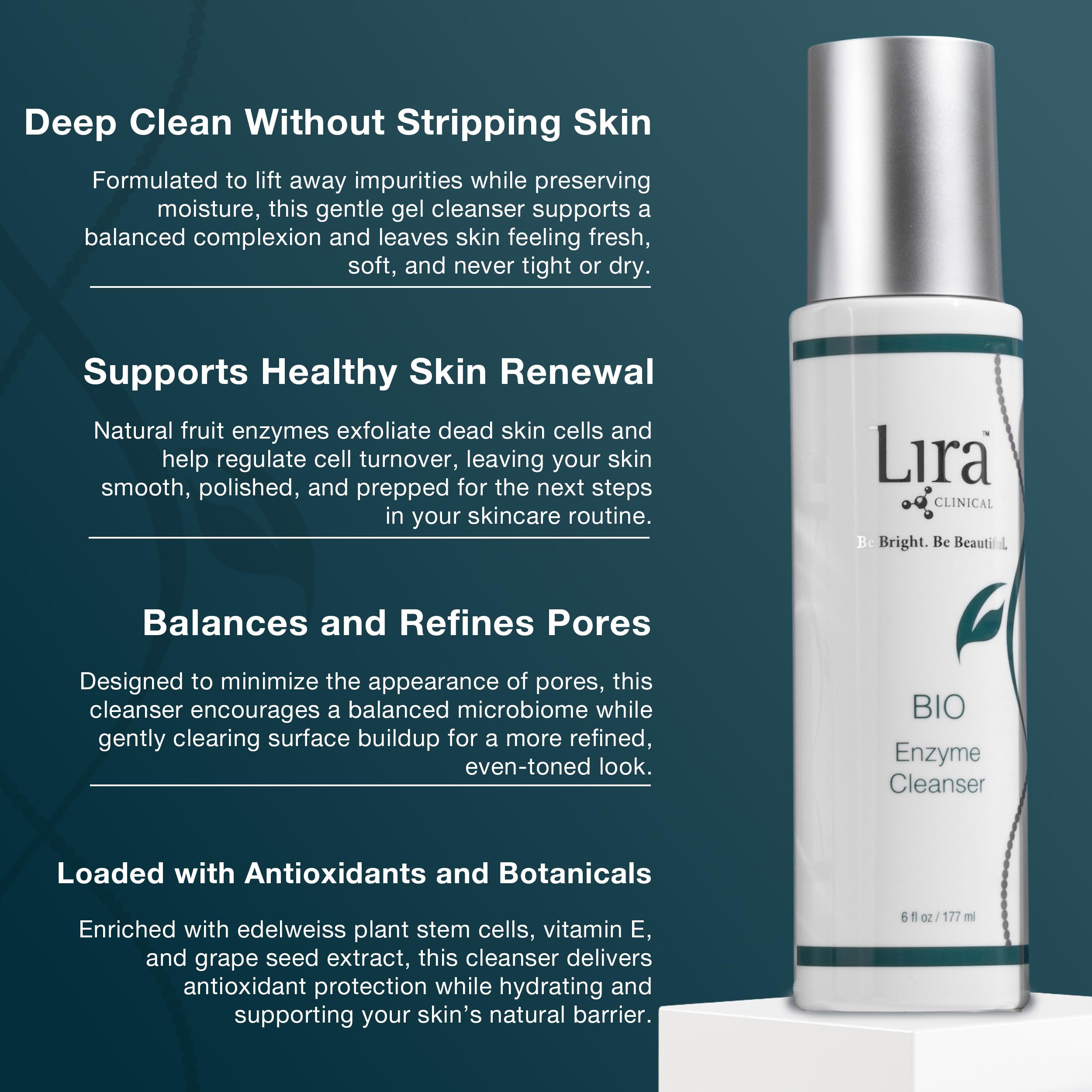 Lira Clinical BIO Enzyme Cleanser bottle highlights daily resurfacing with pineapple and papaya enzymes for refreshed skin.