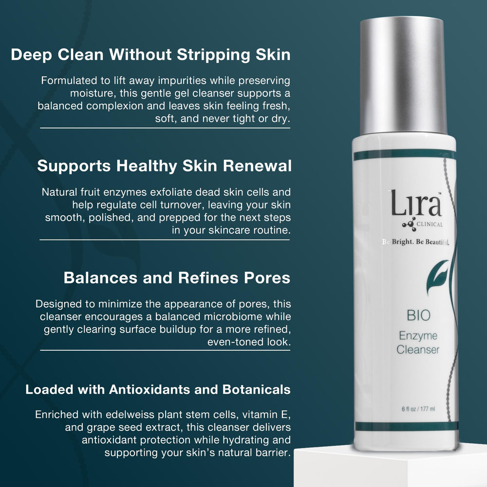 Lira Clinical BIO Enzyme Cleanser bottle highlights daily resurfacing with pineapple and papaya enzymes for refreshed skin.