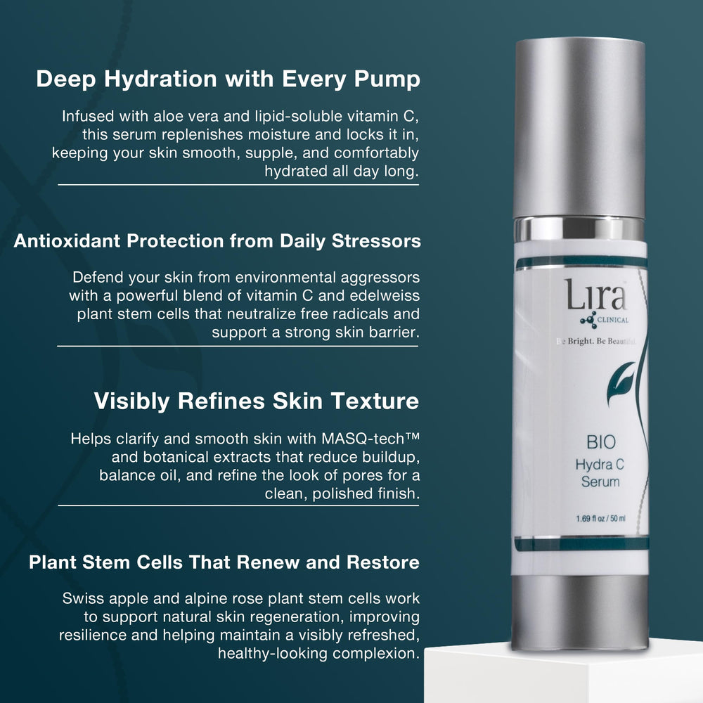 Lira Clinical BIO Hydra C Serum dropper showing brightness potential.