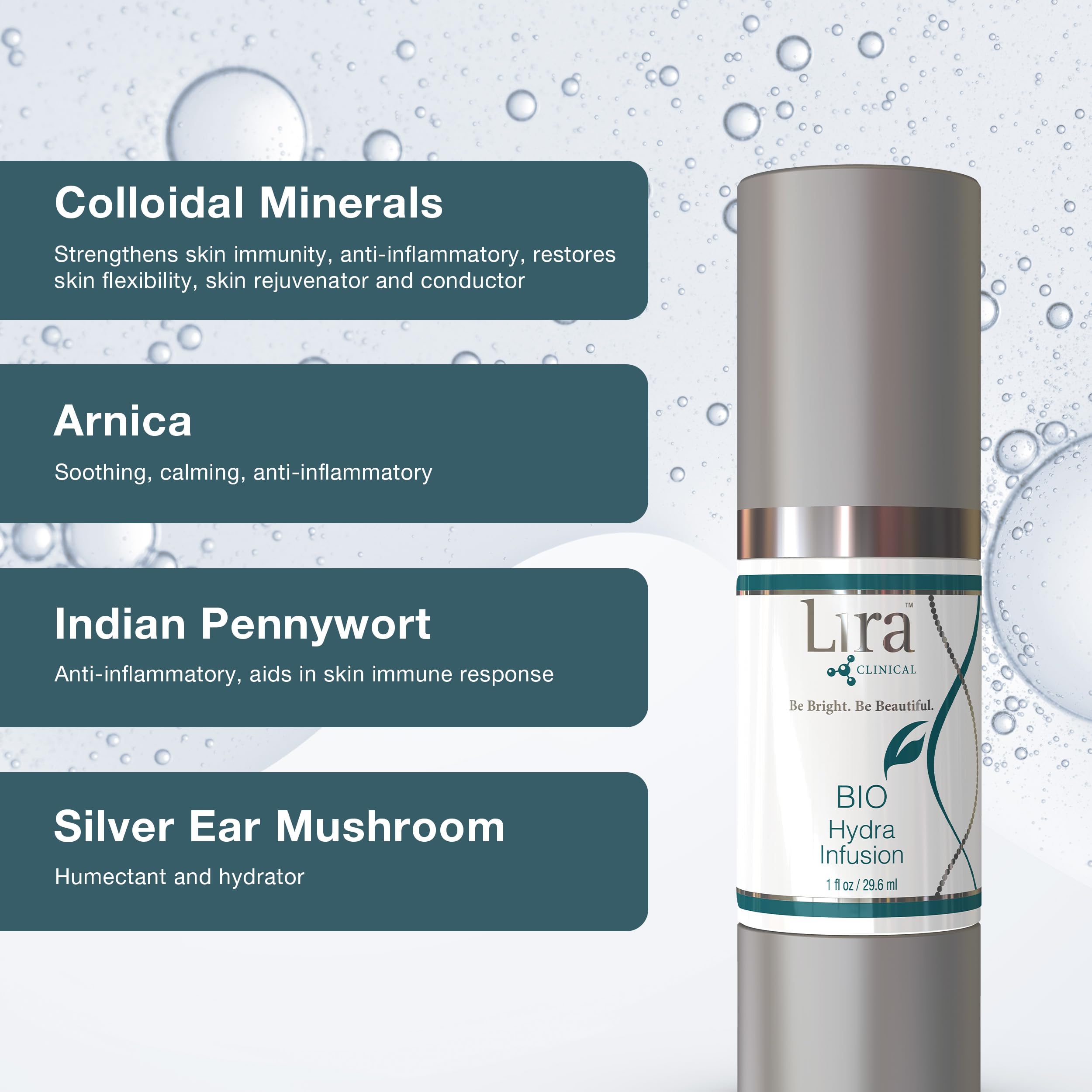 Lira Clinical BIO Hydra Infusion hyaluronic acid focus demonstrates plump, hydrated skin.