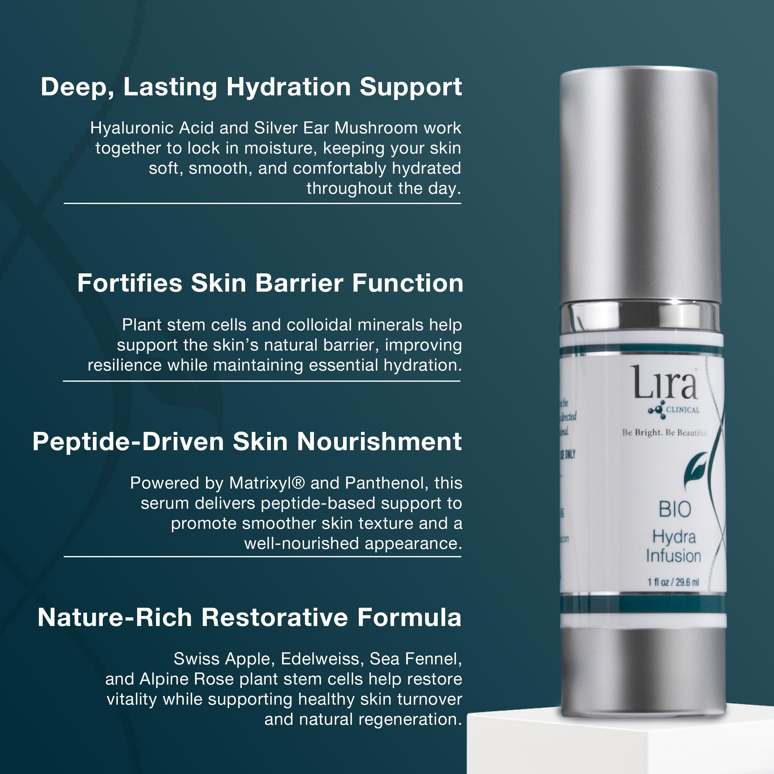 Lira Clinical BIO Hydra Infusion swirl texture demonstrates non-greasy hydration.