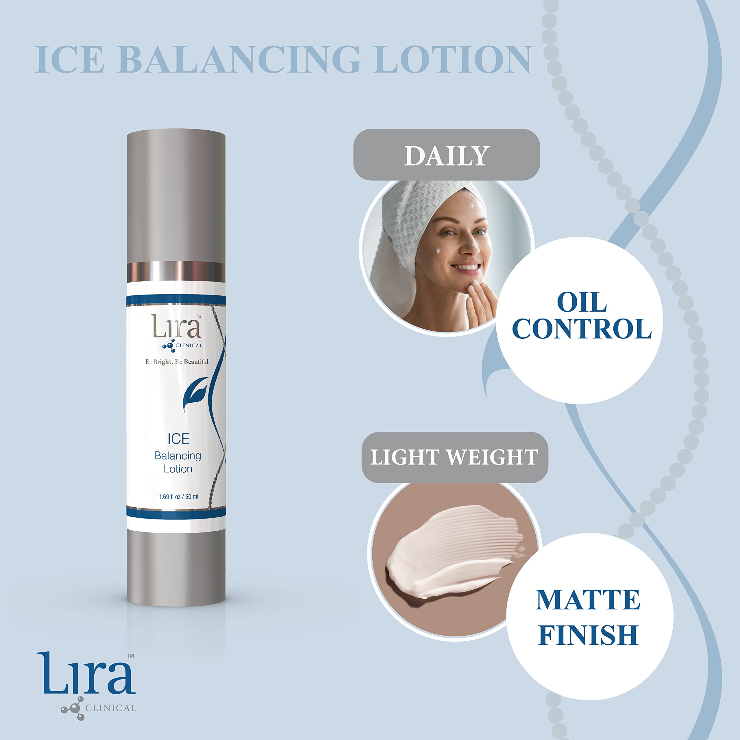 Lira Clinical ICE Balancing Lotion texture swirls on skin for balanced hydration.
