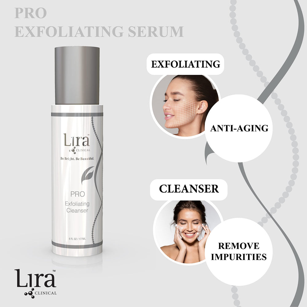 Lira Clinical PRO Exfoliating Cleanser ingredients close-up highlights bearberry and citrus extracts for brightening.