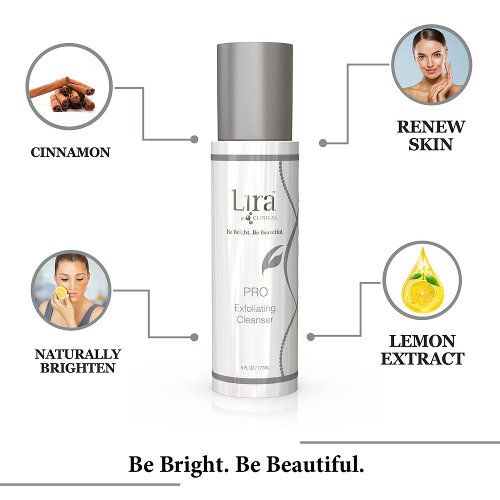 Lira Clinical PRO Exfoliating Cleanser texture close-up shows pearlescent finish and foaming action.