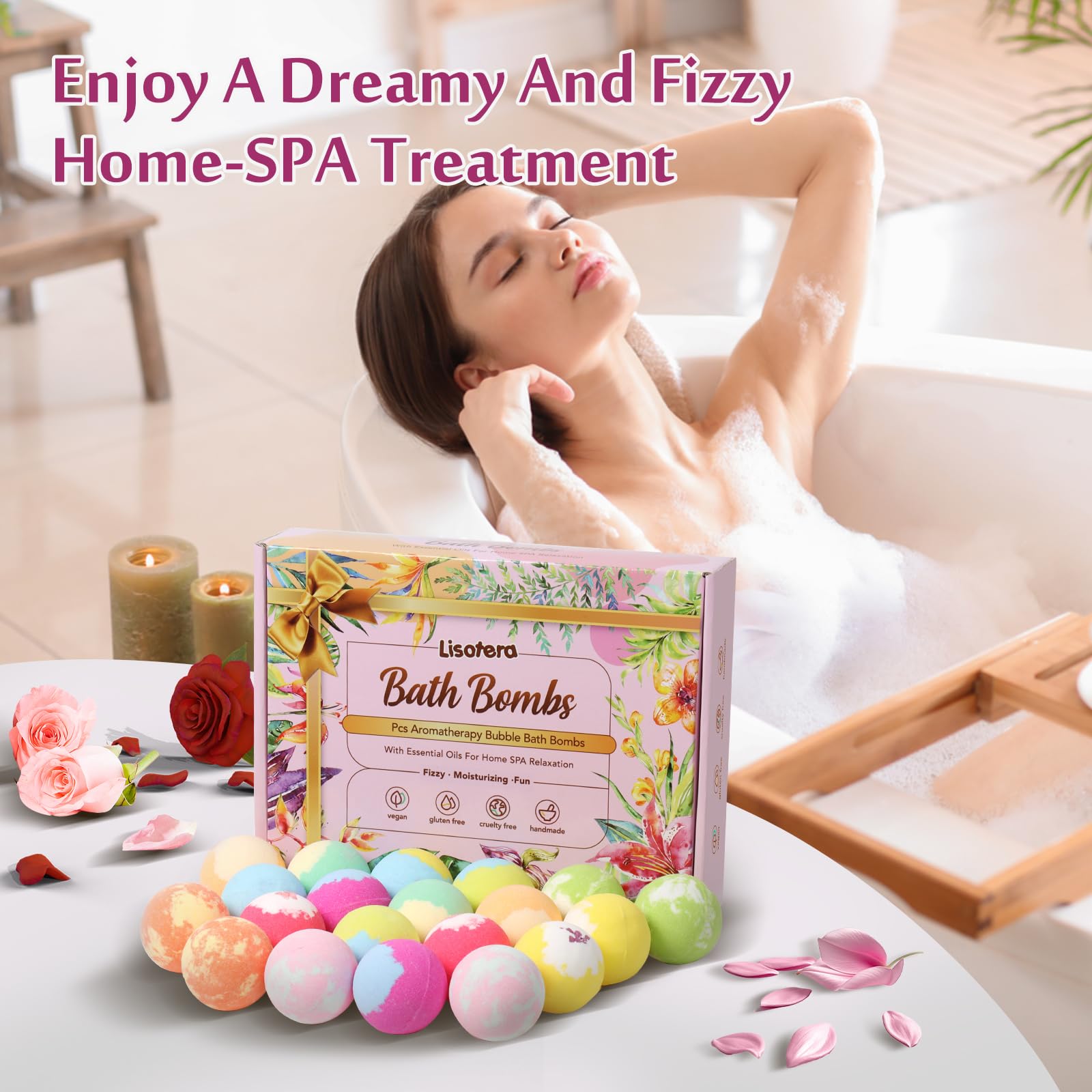 Lisotera bath bombs producing bubbles and aroma in a warm tub.