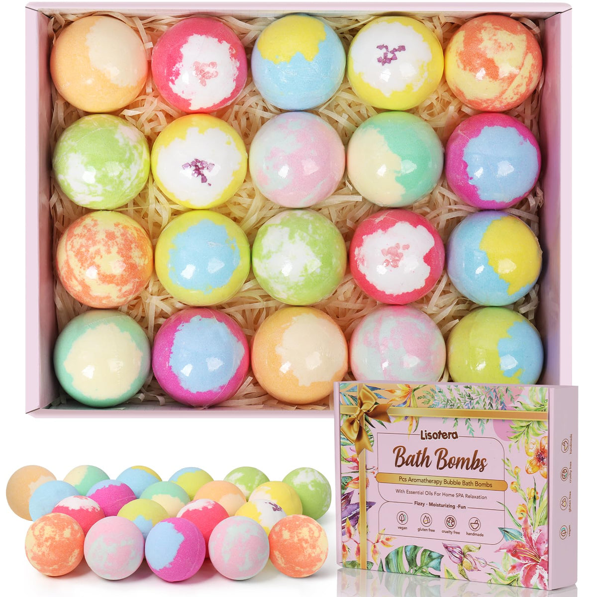 Lisotera bath bombs gift set showcasing 20 pieces with varied scents for relaxing baths.