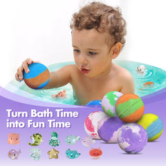 Lisotera bath bombs with a surprise toy floating up during fizzing bath