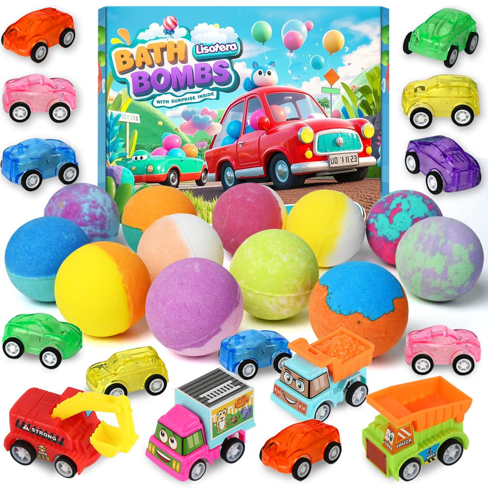 Lisotera bath bombs with toy inside reveal pull-back cars for bath-time fun